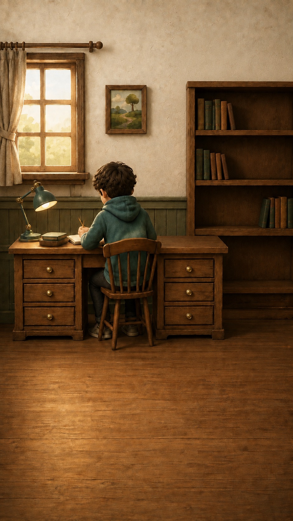A warm study room from Drawer Tales, with a child writing at a wooden desk.
